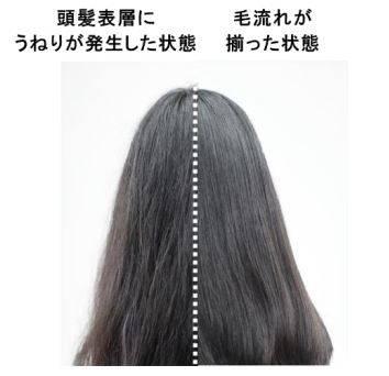 女性の後頭部の写真。左側は頭髪の表層にうねりが発生している状態で、右側は毛の流れがそろっている状態です