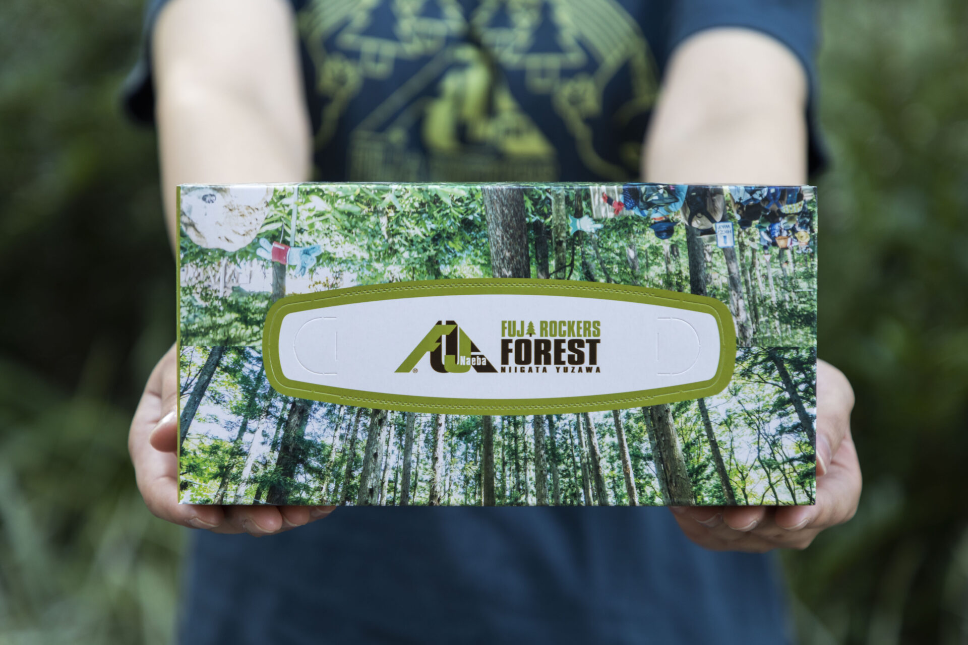 フジロックの森 オリジナルボックスティッシュを両手でもった写真。箱にはフジロック開催じの森のようすがえがかれています