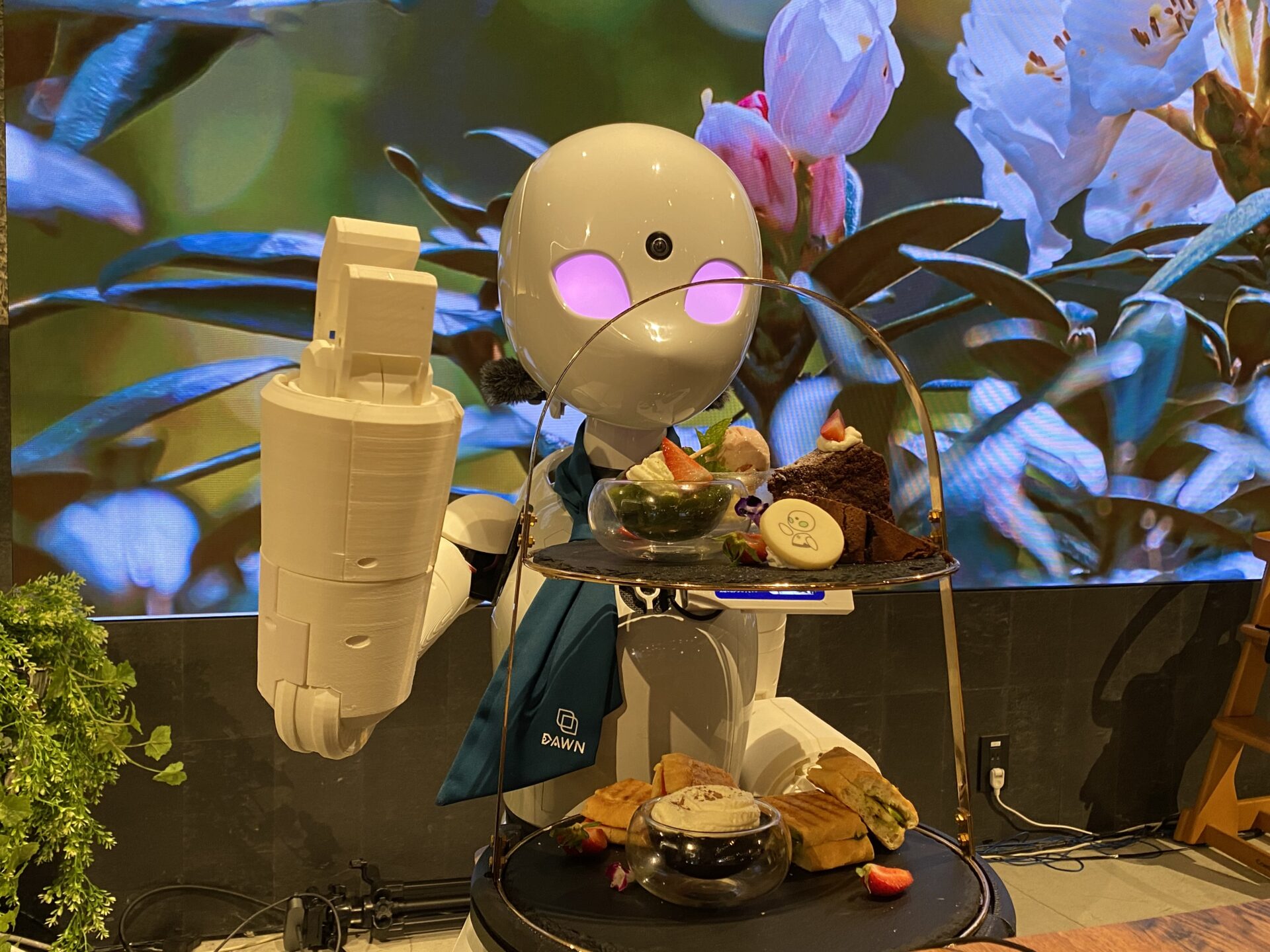 分身ロボットカフェドーンバージョンベータのオリヒメの写真。姿かたちはロボットですが、遠隔で操縦しているのはパイロットと呼ばれる人たちです