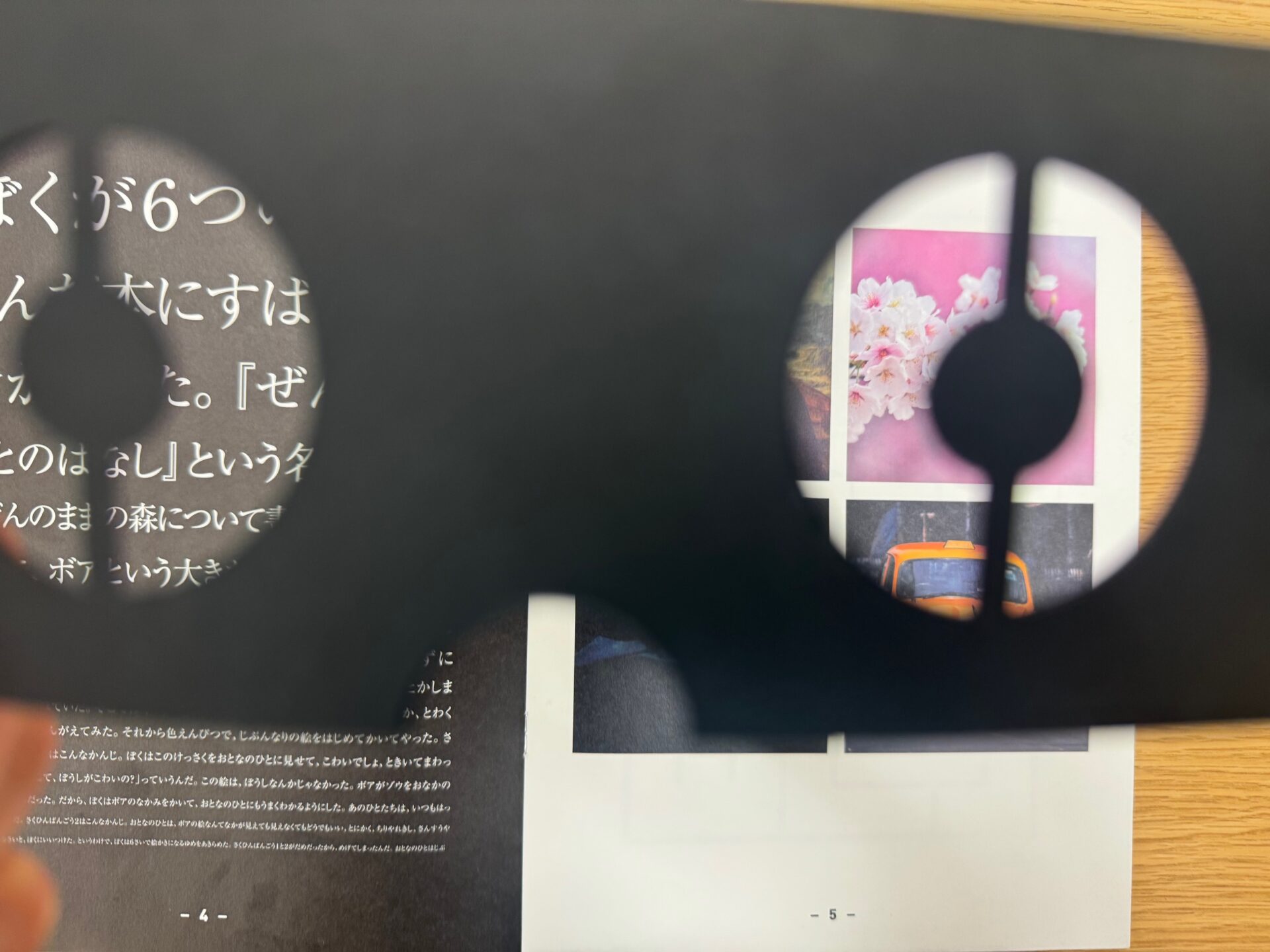 中心暗転メガネで被写体のページを見た写真。文字が書いてあるページは文章の一部が読みにくい状態、写真のページも4枚のうち2枚だけ、それもそれぞれ一部が欠けた状態ではっきり見えます