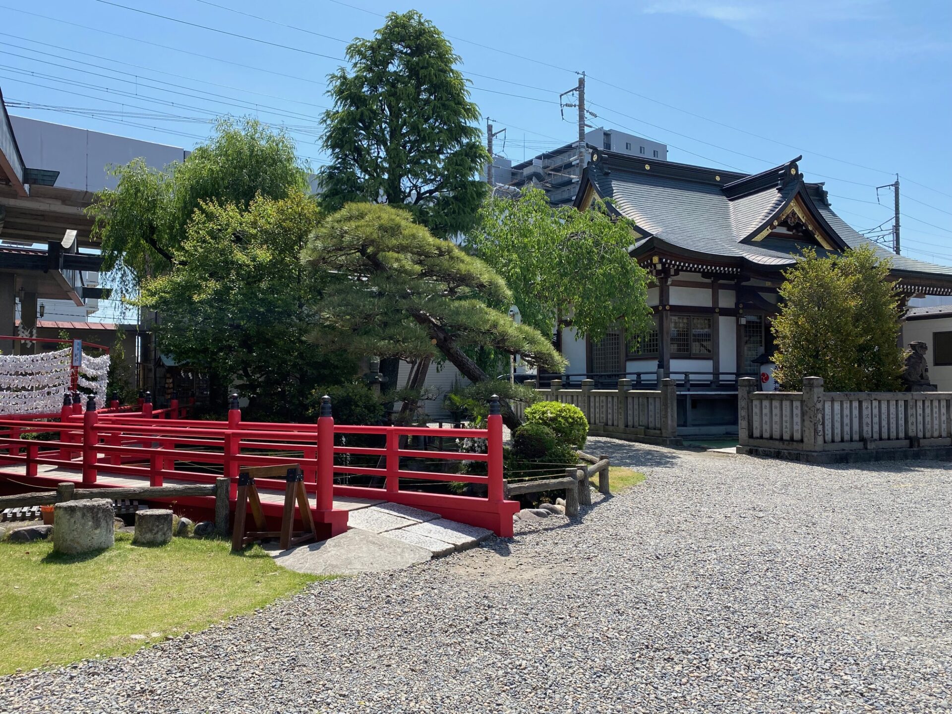 今泉八坂神社の敷地ないの写真。階段などはなく、全体的にコンパクトなつくりになっています。敷地ないには池があり、鯉やカメなどもいました