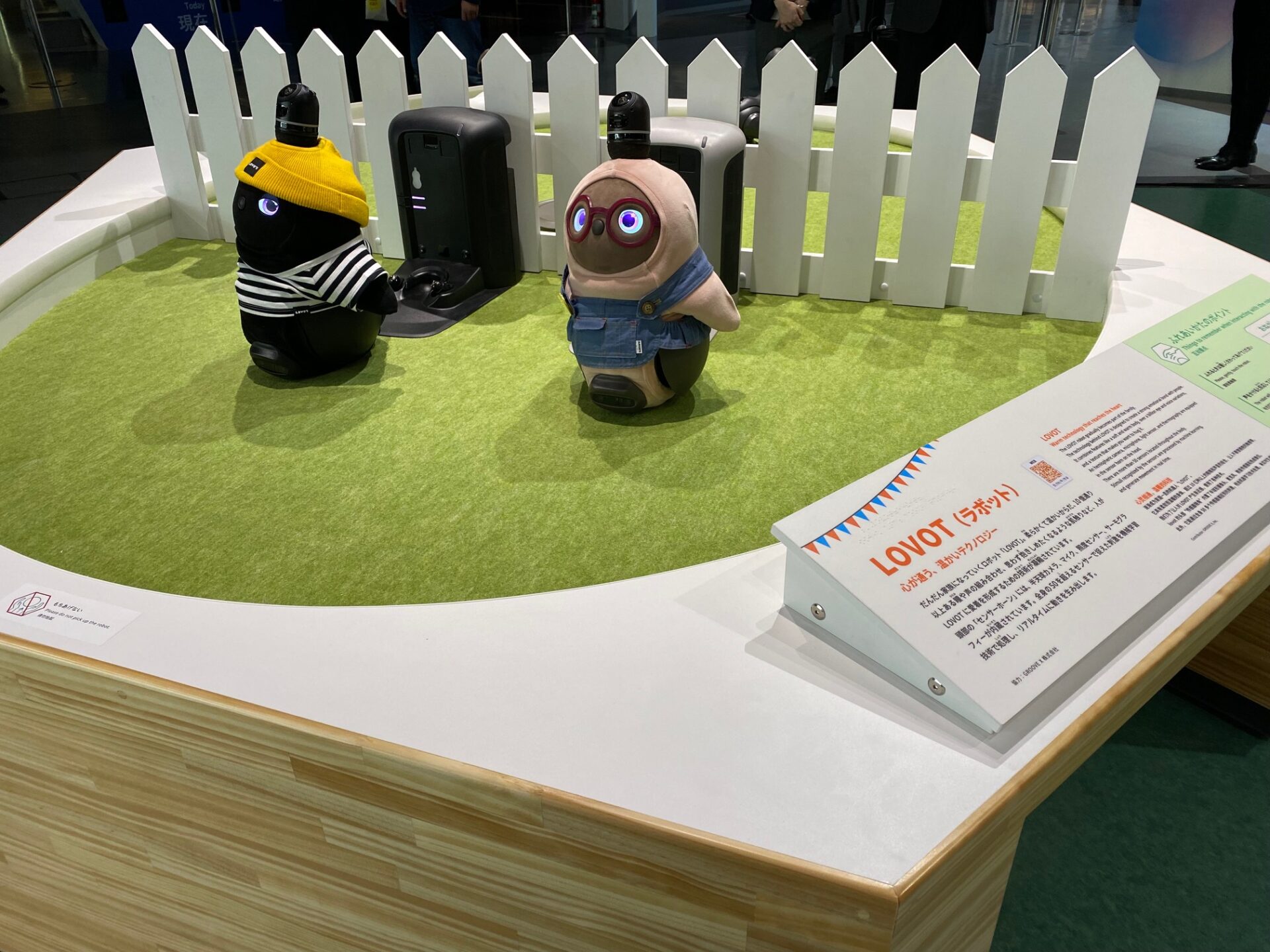 「ラボット」の写真。こちらも小型ロボットで、やわらかくてあたたかいからだ、10億通り以上ある目や声の組み合わせ、思わず抱っこしたくなるような肌触りなどが特徴です。こちらはさわれます