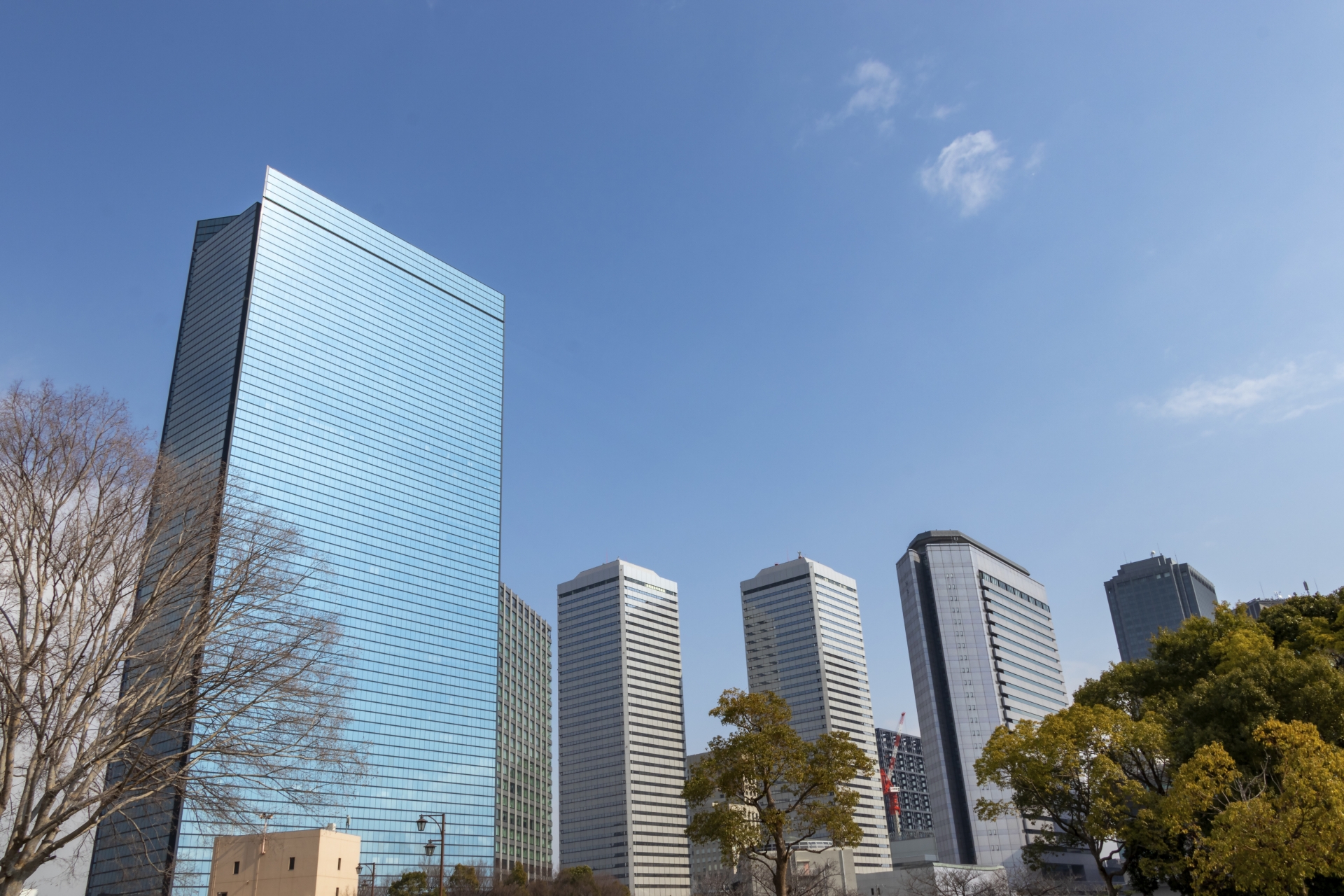 おおくの日本きぎょうがオフィスをかまえる大阪にある高層ビル群