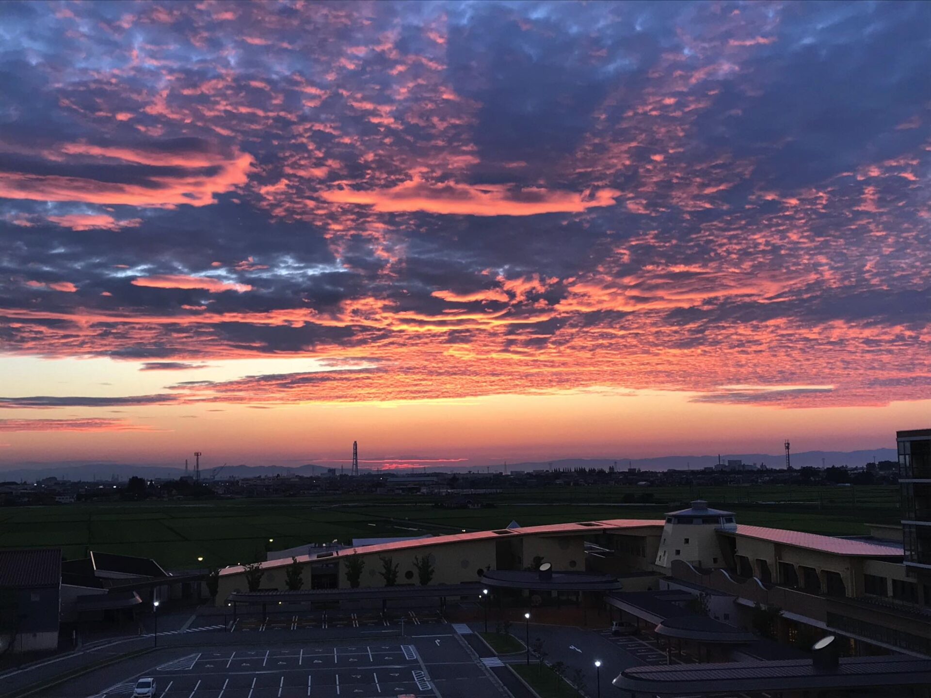 5階の病棟から眺める夕暮れの写真。茜色とバイオレットに染まっているうろこ雲の空が、ドラマティックに迫っています