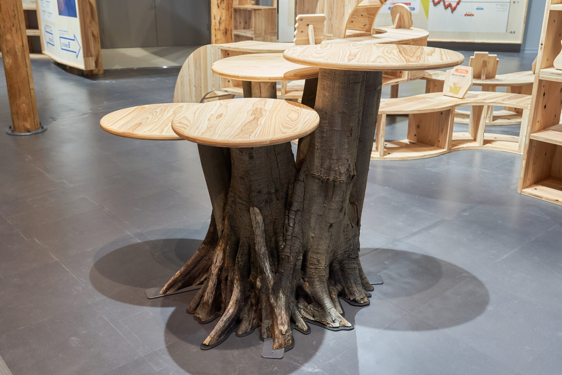 通常利用されることが少ない木材を使った机の写真。木のねもとの部分が４つの幹にわかれており、その上に平らな丸いてんばんが４つついています。ユニークなかたちです