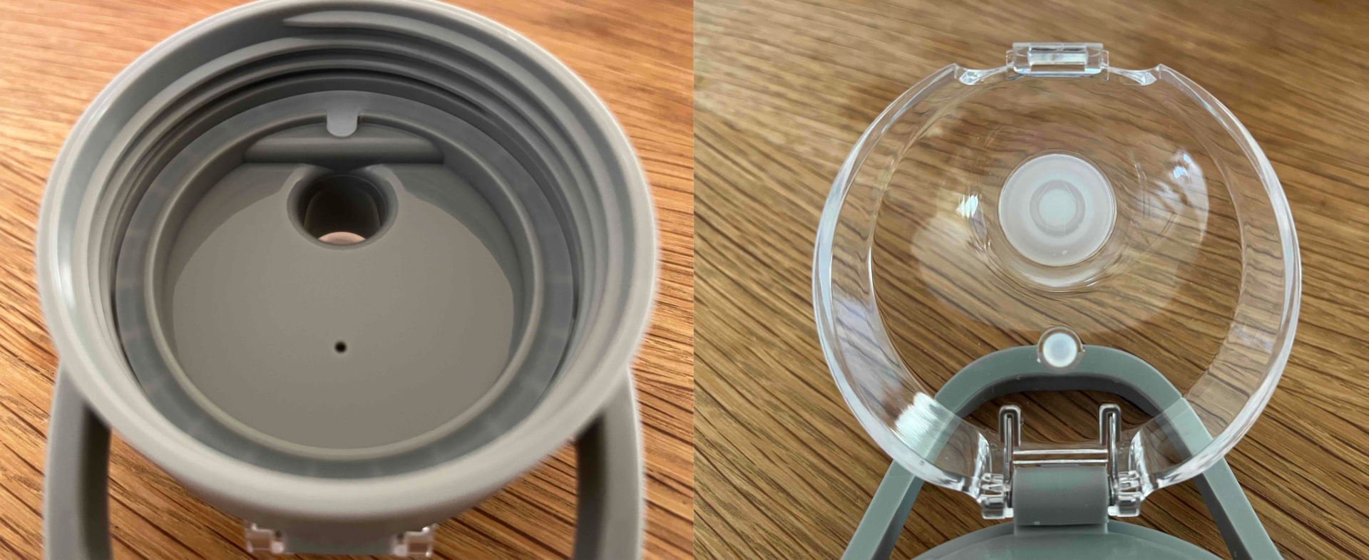 飲みくちユニットについているパッキンの2枚の写真。左側はフタの溝に沿った輪ゴムのような形状のパッキンで、右側は飲みくちにあたる部分の２ｃｍくらいの丸いパッキンです