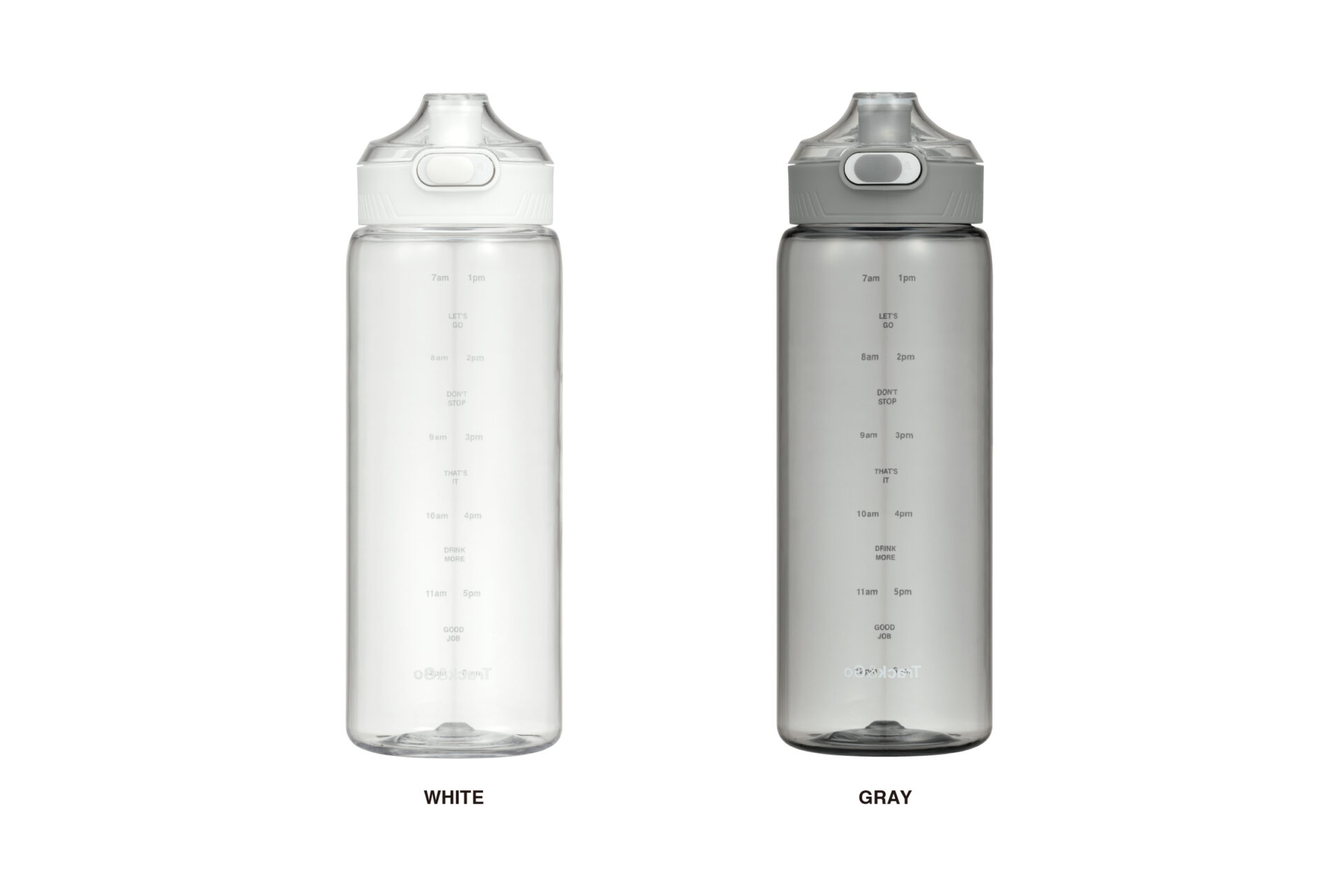ボトルが2個並んでいる写真。左がホワイト、右がグレー、どちらも透明です