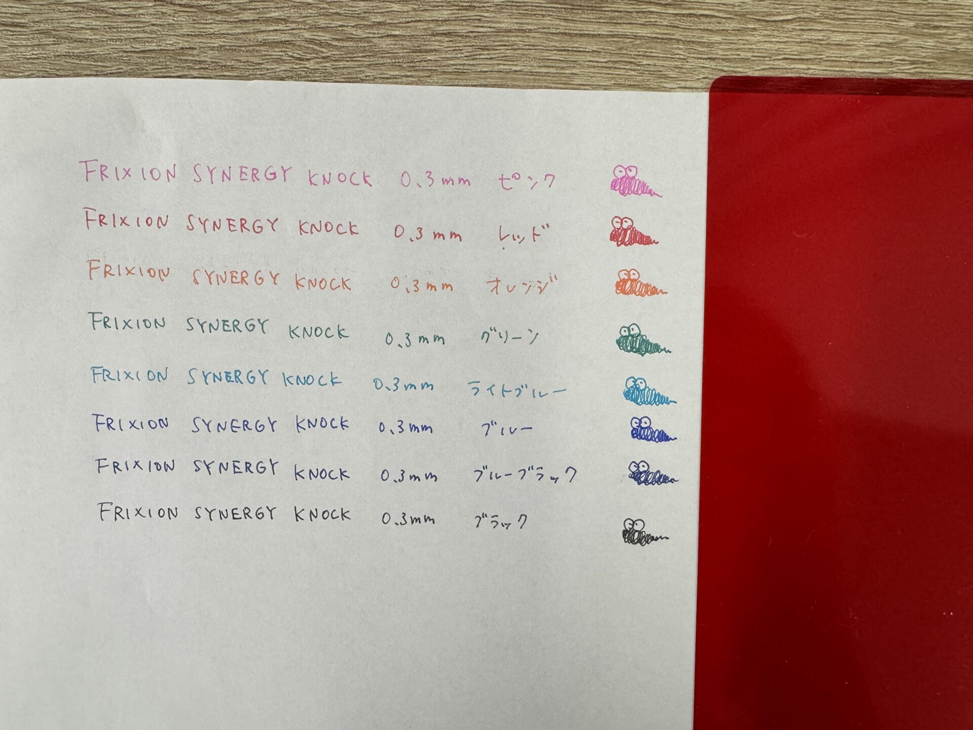 ０.３ミリのボール径の８色でそれぞれの色の名前を書いた紙と、赤シートの写真