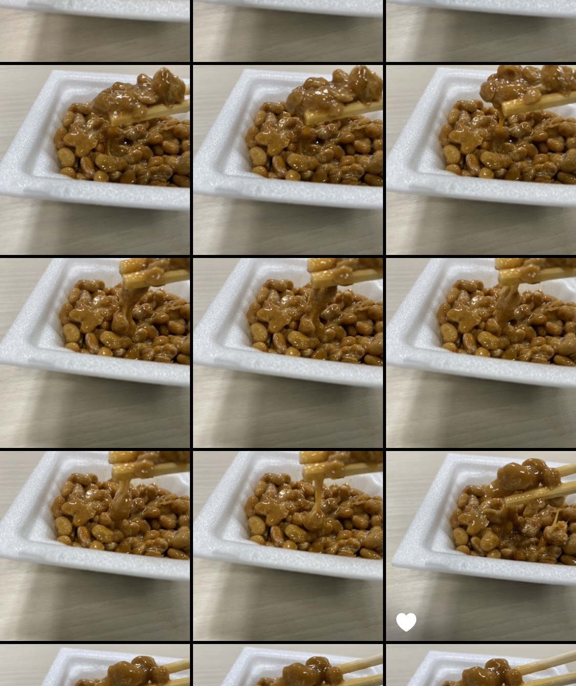スマホの写真フォルダのスクリーンショット。納豆を箸でもちあげる写真が９枚以上映っています
