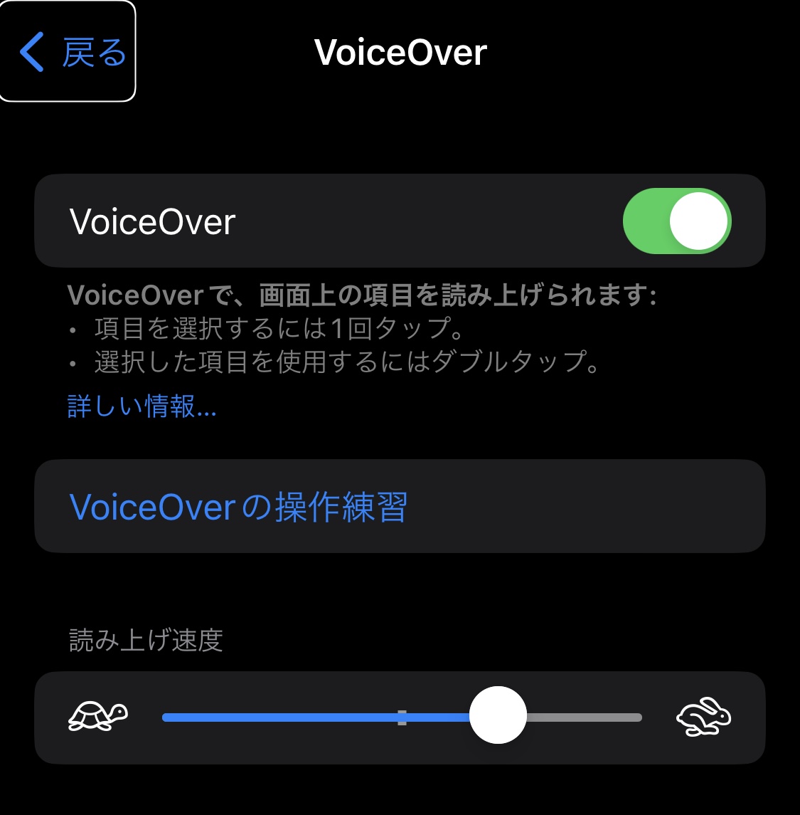 アイフォンのボイスオーバー設定画面の写真