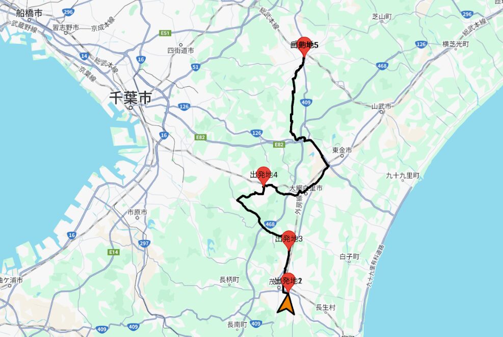 山本さんがモニターしている、あしらせの新機能をつかって移動した経路。表示されたマップのうえにそのひ、自転車で移動した場所が線で結ばれています。このひわいちにちで成田からやちまたまですすんでいます