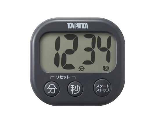 抗菌でか見えタイマーTD429の商品写真。この写真はグレーよりの黒いいろの本体カラーです。音声ガイドなどはついていませんが、操作性やボタンの少なさ、つかいやすさなどの観点から紹介しています。なお、アラームおんは1種類です