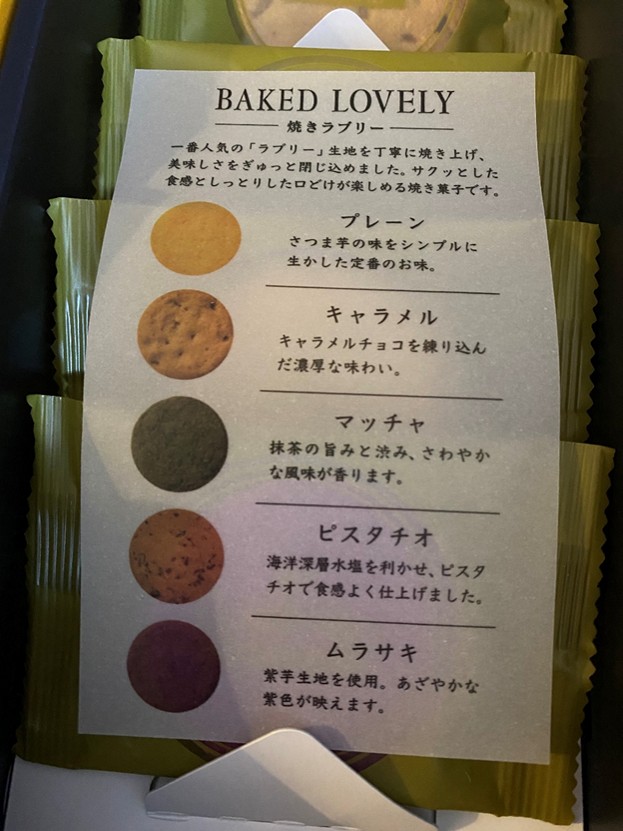 焼き菓子「BAKED　LOVERY」の箱に同梱されているリーフレットです。リーフレットには、焼き菓子の種類とその特徴が記載されています。記載されている焼き菓子の種類は上から以下の通りです。プレーン、サツマイモの味をシンプルに生かした定番の味。キャラメル、キャラメルチョコを練り込んだ濃厚な味わい。マッチャ、抹茶の旨みと渋み、さわやかな風味が香ります。ピスタチオ、海洋深層水塩を利かせ、ピスタチオで食感よく仕上げました。ムラサキ、紫芋生地を使用し鮮やかな紫色が映えます。 