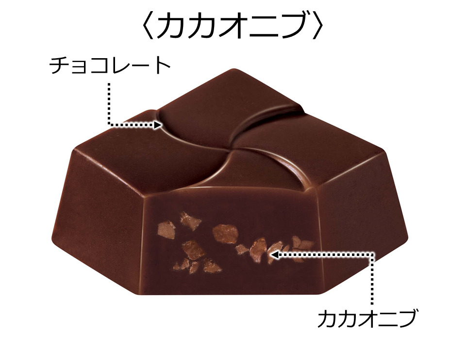 カカオニブのチロルチョコの断面のイラスト。チョコレートのなかにカカオニブがハイったチロルチョコです