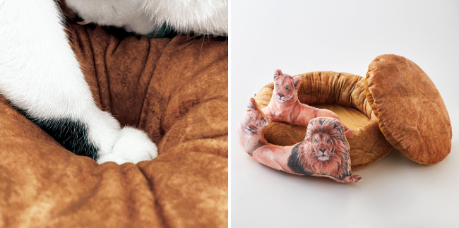 猫ベッドの商品写真と、猫がふみふみしているクローズアップ写真。猫ベッドは全体てきにだえんがたで、そくめんにライオンがプリントされた半立体クッションがついています
