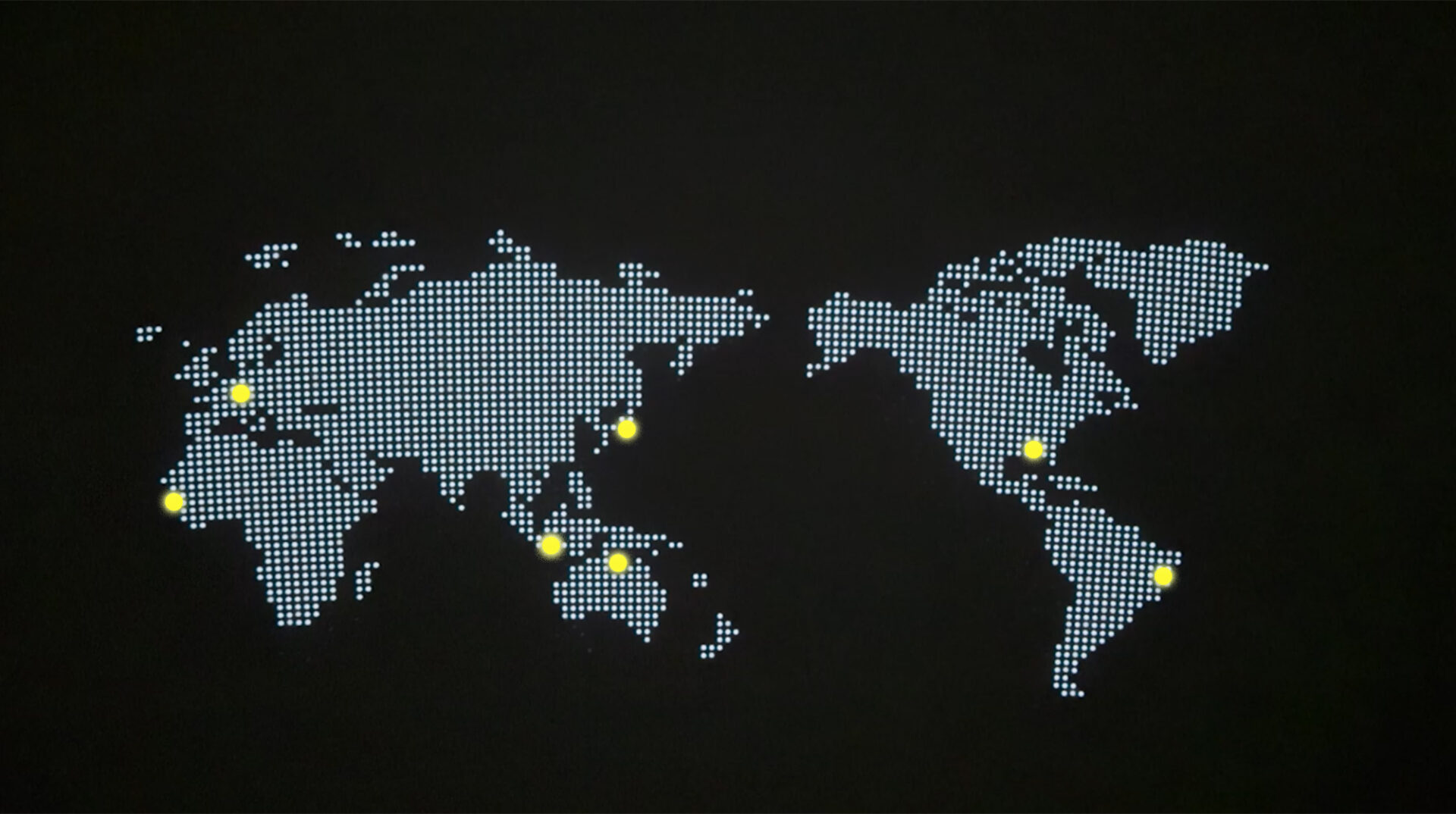 プラネタリウム作品「よるはやさしい」のプログラムの中で紹介される「星空と音のリレー」の場所が世界地図上にプロットされている