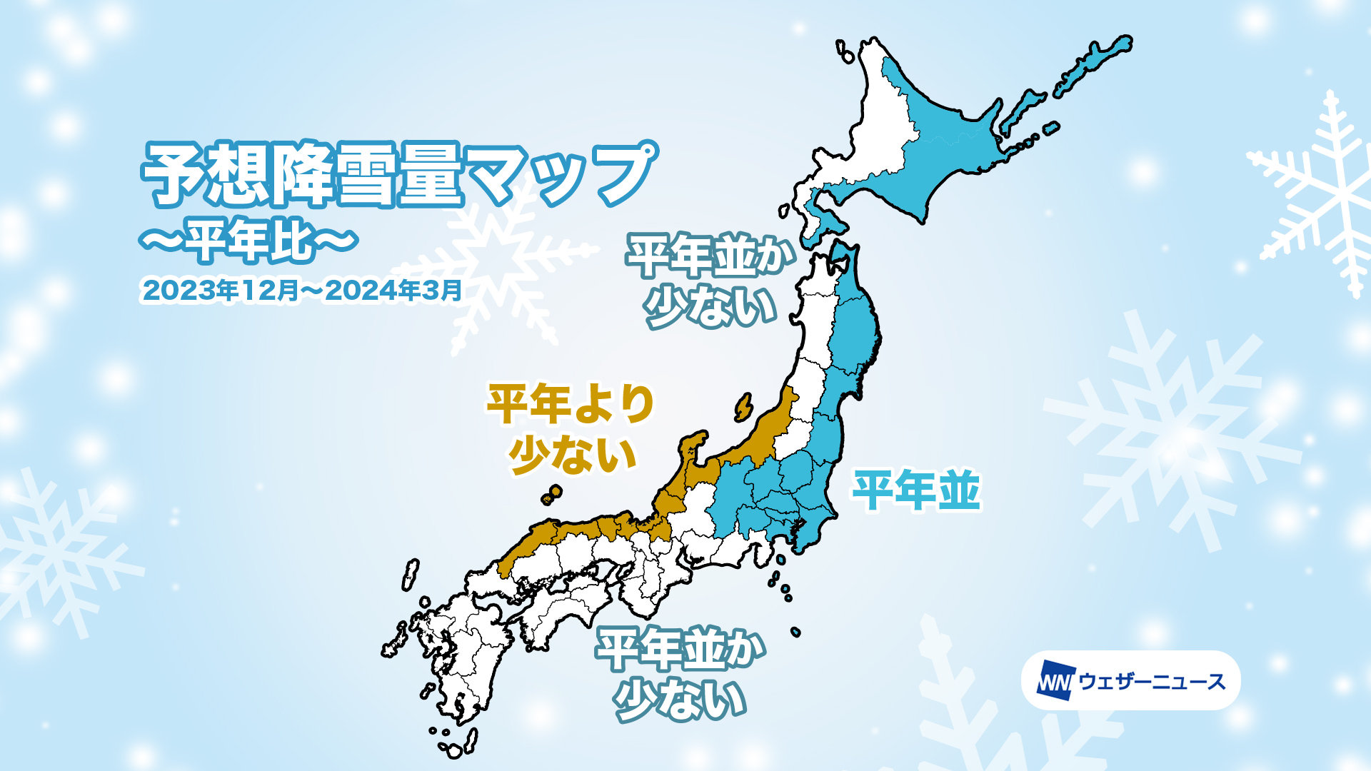 こんふゆの予想こうせつりょうマップ。日本海側と東海以西の太平洋側では「平年より少ない傾向」になる一方で、北日本太平洋側と関東甲信では「平年並み」になるもようです