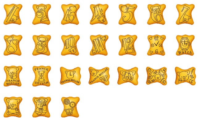おなじみのコアラのキャラクターとフランクミュラーの文字盤に使われている数字がデザインされた24種類のビスケットが並んだ写真