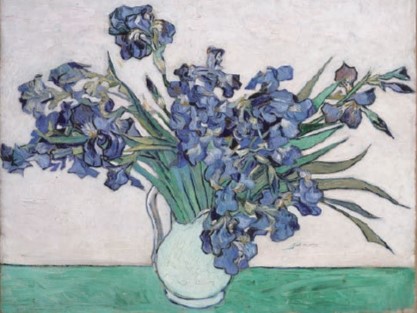 モチーフとなっているゴッホの「アイリス」の作品。白い花瓶に青いアイリスの花がいけられている名画です