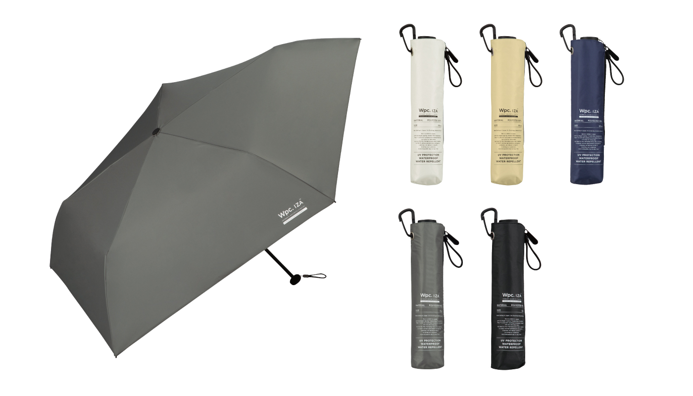 wpcイーザ、ゼットエーゼロゼロななのひらいた様子と、傘をとじた状態のいつつのカラーバリエーションの写真