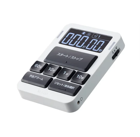 音声タイマー「TD-435」の商品写真。斜めしたから撮影されています。本体は縦長、白い本体に黒いボタン、液晶は反転液晶です。